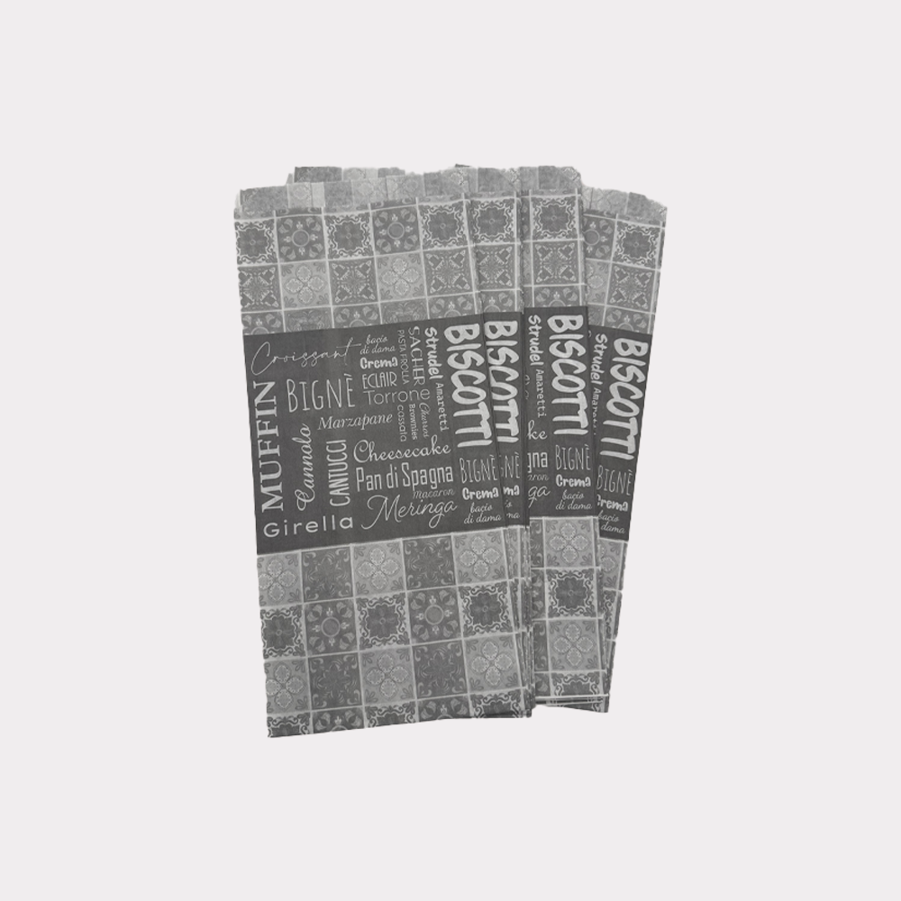 Sacchetti Carta Antigrasso Fantasia Maioliche e Pasticcini 14+10x30 cm 500 Pz