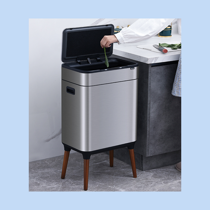 Cestino Pattumiera Automatica Doppia con Sensore 26 Lt Acciaio Inox, Ozono e Gambe in Legno